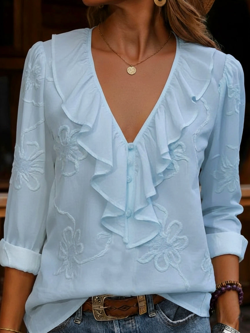 FLORA | Embroidered Floral V-Neck Blouse