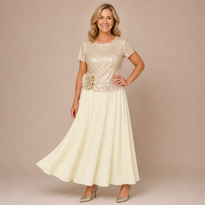 RENATA | Short-Sleeved Dress with Sequin Floral Bodice