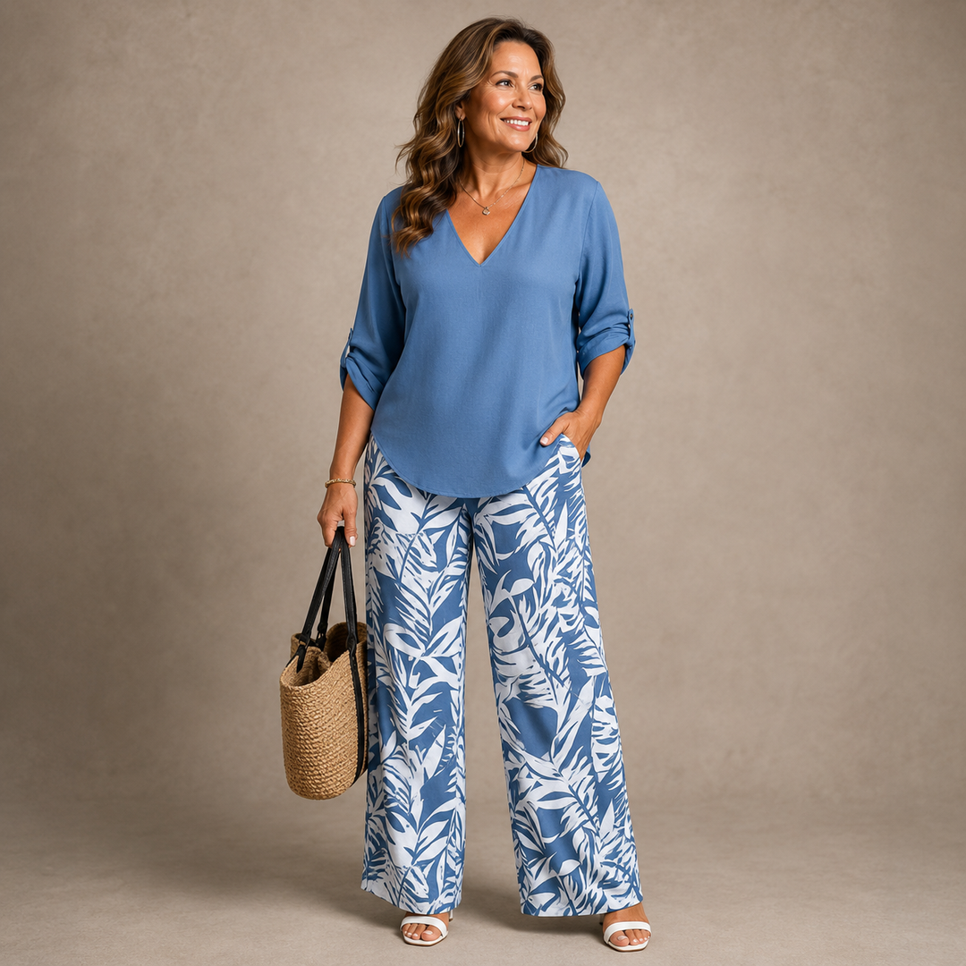 Liwia™ | V-Neck Top and Printed Trousers