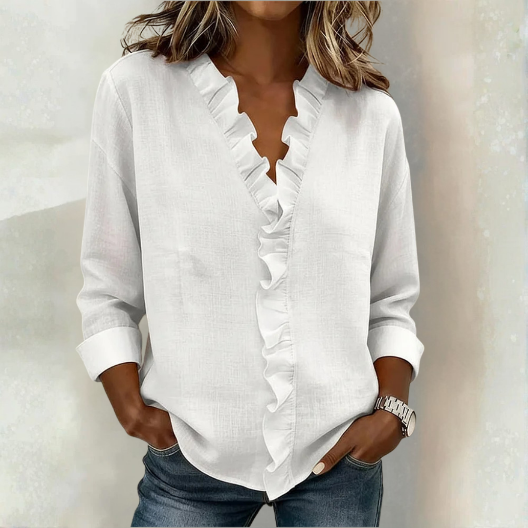 INDIE™ | Blouse with Ruffles, V-Neck and Long Sleeves