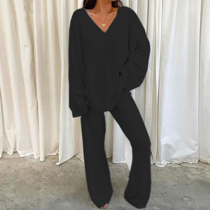 REBECCA™ - Women’s 2-Piece Lounge Set Soft Chunky V-Neck Top & Wide Leg Pants for Homewear