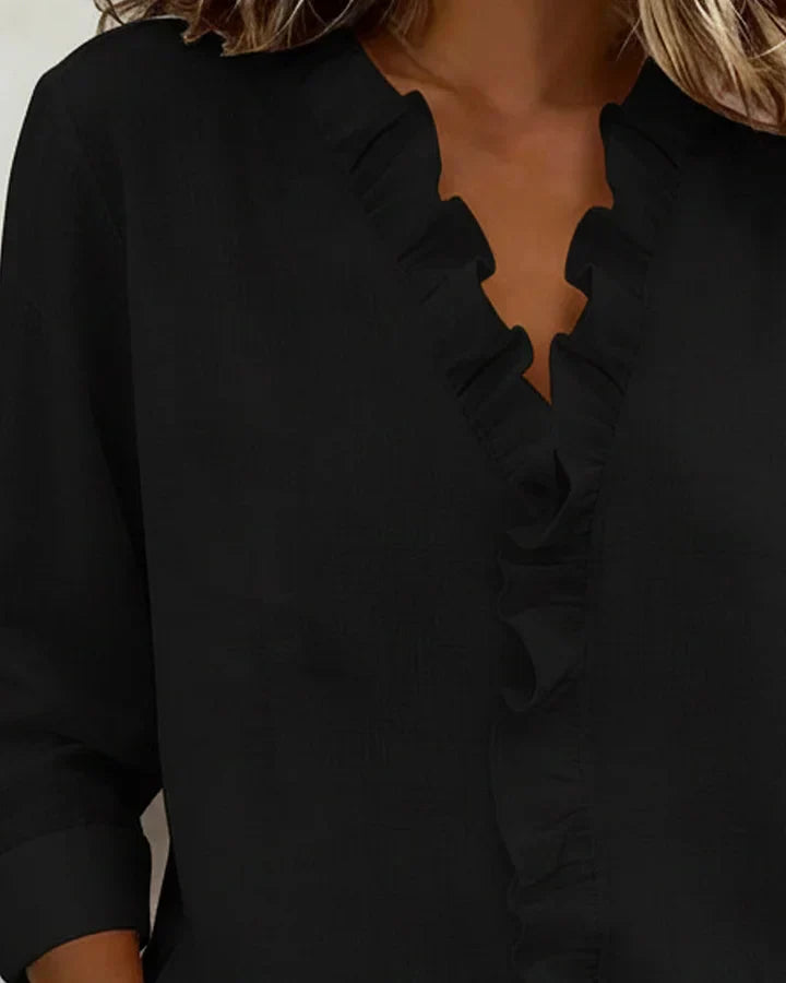 INDIE™ | Blouse with Ruffles, V-Neck and Long Sleeves